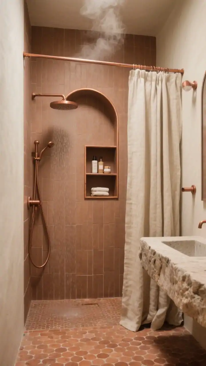 Photorealistic medium shot of an earthy, tactile shower: matte clay-toned porcelain planks run vertically on the walls, with terra-cotta penny tiles on the floor for warmth and grip. A framed arched niche outlined with slim copper trim holds bath essentials, tying into brushed copper fixtures. Nearby, a compact stone-topped vanity and soft linen drapery. Color palette: clay, terracotta, cream, brushed copper. Gentle, cozy lighting with steam-friendly atmosphere, no people.