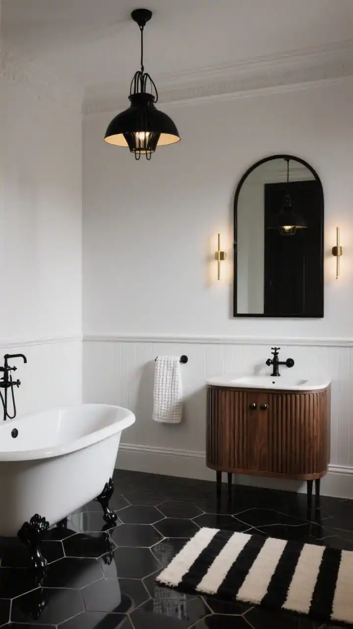Photorealistic medium shot, Parisian Noir Chic: glossy black hex tile floor with reflections; white paneled walls up to chair rail with smooth white above; warm walnut vanity with fluted doors; freestanding white tub on delicate black claw feet; arched black-framed mirror; black metal pendant like a small sculptural piece overhead; polished black tapware; black knobs and thin brass picture lights adding subtle sparkle; white waffle towels and a black-and-cream striped rug; evening, moody ambiance with soft warm highlights.