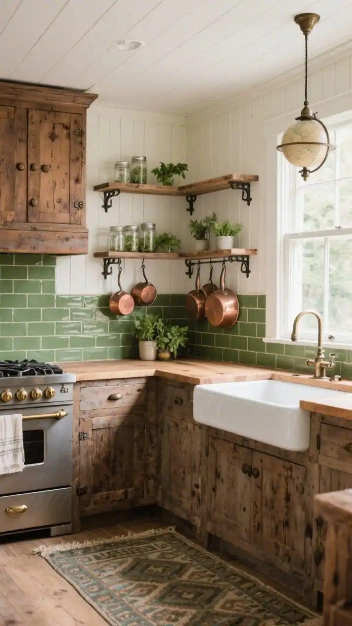 Photorealistic medium shot, rustic farmhouse range wall: weathered chestnut cabinets with visible grain and antiqued bronze hardware, olive green subway tiles in traditional offset pattern with cream grout, apron-front sink, butcher block counters showing use marks, reclaimed wood open shelves with iron brackets holding mason jars of herbs, copper pots hanging, schoolhouse globe pendants above, cream beadboard on the island base, faded kilim runner; bright daylight through open window.