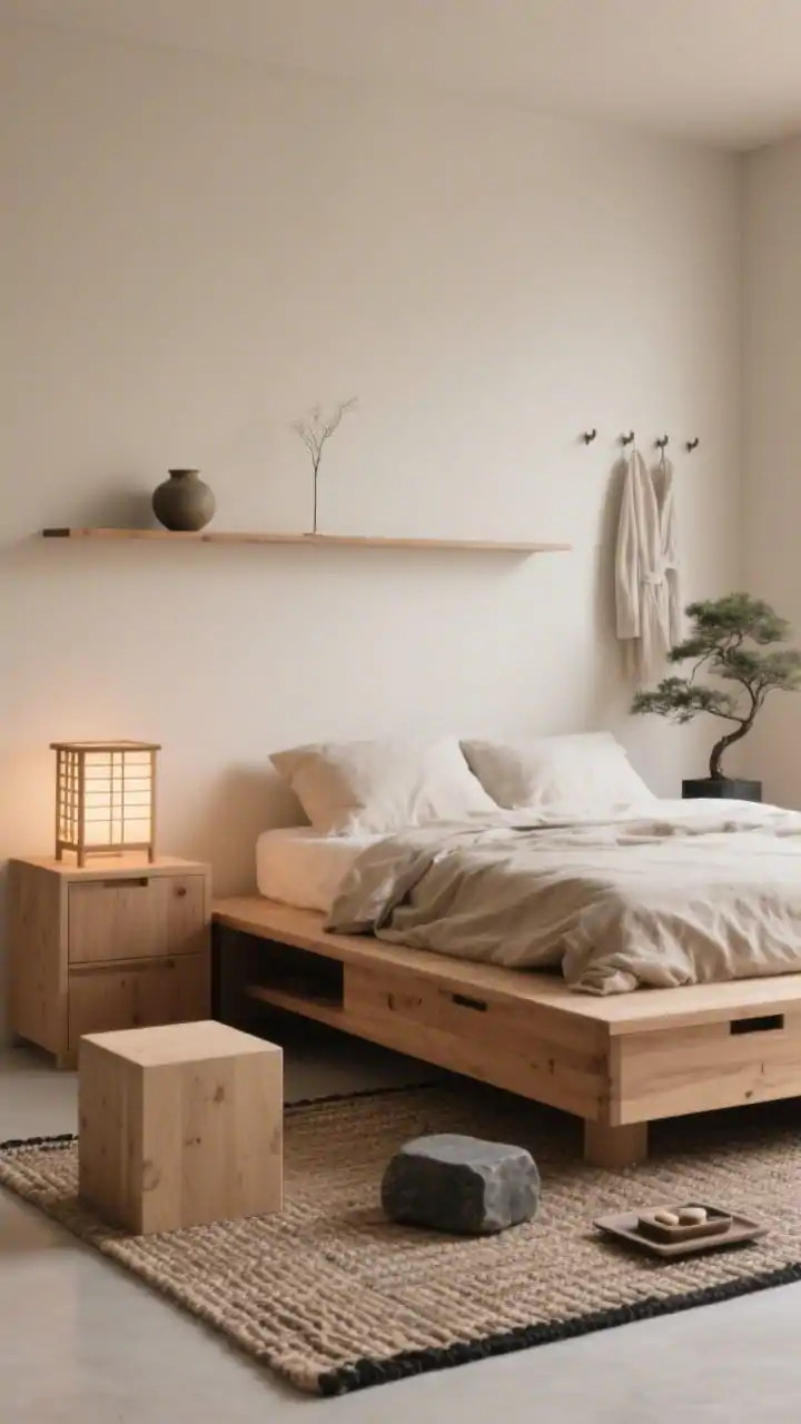 Photorealistic medium shot, straight-on, of a “Japandi Zen” setup emphasizing negative space: low wood platform bed against beige/putty walls; palette of sand, clay, soft black, and natural oak; crinkled cotton bedding and a handwoven flatweave rug; cube stools in pale oak as nightstands, one holding a shoji-style lamp emitting a warm, serene glow; a slim rail shelf above the headboard with a single ceramic vessel and one stem; built-in wall hooks with simple robes; under-bed drawers subtly visible; a small stone tray with nightly essentials and a single bonsai; restrained, balanced composition.