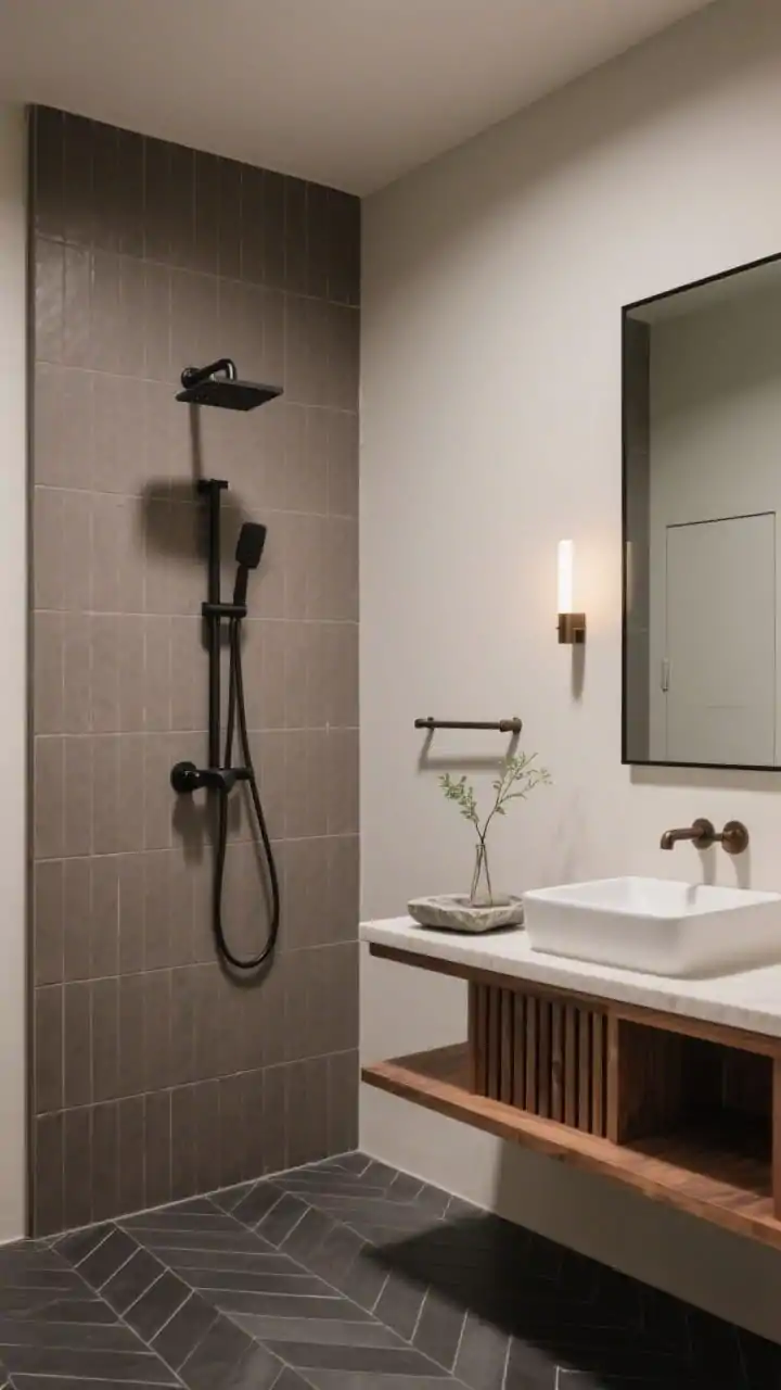 Photorealistic medium shot, straight-on, of a Japandi nook: shower wrapped in matte taupe vertical tiles lifting the eye; slim black-stained oak vanity with open slat shelf and a tiny counter-mounted satin white basin. Razor-edge black mirror, pencil-line towel rail, wafer-thin wall light casting warm illumination. Recessed medicine cabinet painted to blend with wall color. Charcoal herringbone porcelain floor anchoring the palette. On the vanity: one stone tray and a single ikebana-style stem. Hardware in graphite/smoked bronze. Calm, minimalist, negative space emphasized.