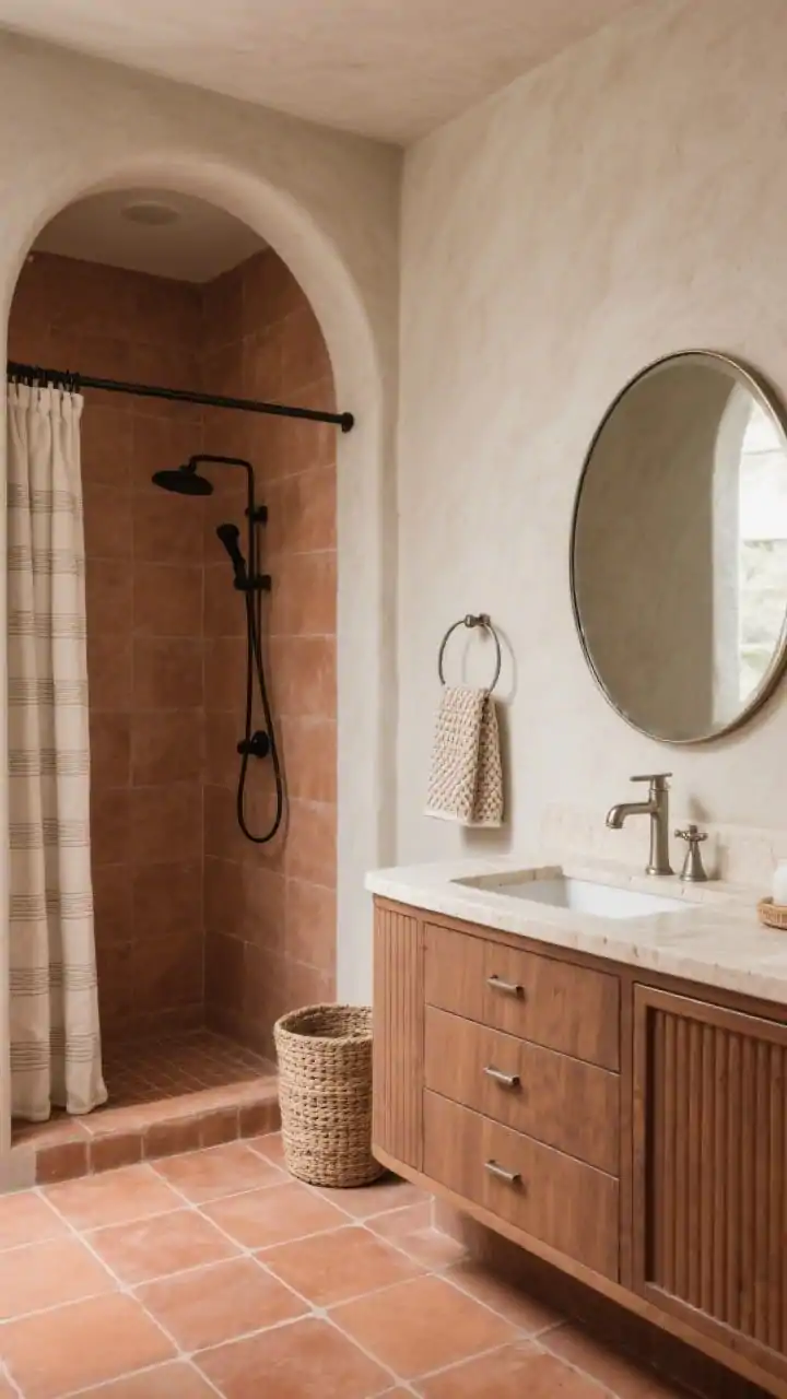 Photorealistic medium shot with soft, earthy warmth: terra-cotta hex tile flooring, a curved plaster-look shower wall in coordinating clay tone, rounded-edge warm walnut vanity with fluted drawer fronts, creamy travertine countertop, brushed nickel fixtures; color palette of clay, cream, and soft taupe with minimal black; oversized oval mirror with a slim, slightly antiqued metal frame; texture accents include waffle towels, a woven wastebasket, and a linen shower curtain with a subtle stripe; gentle diffuse daylight.