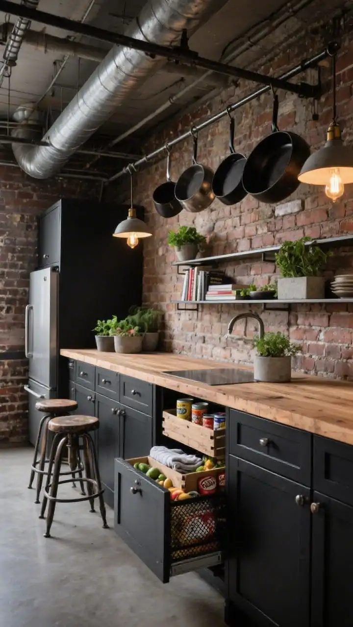 Photorealistic medium-wide urban industrial scene: exposed brick wall, matte black cabinets, and a reclaimed wood island. Over the prep zone, ceiling-mounted steel rails suspend pots and skillets. Lower cabinets feature crate-style drawers with mesh fronts partially pulled to reveal neatly stored produce and linens. A narrow pull-out pantry between the fridge and wall slides out with canned goods and snacks visible. Edison bulb pendants, concrete herb planters, vintage bar stools, and open metal shelves with greenery and cookbooks. Gritty yet organized mood, side-angle perspective, mixed natural and warm industrial lighting.