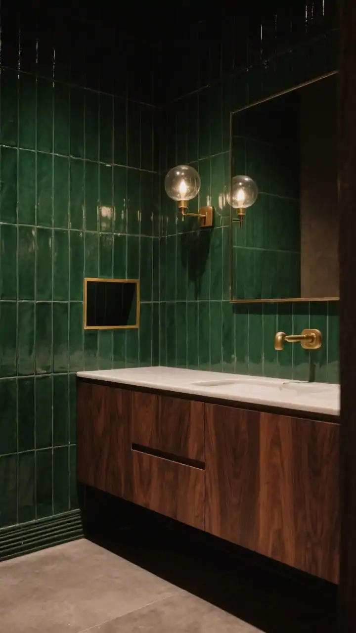 Photorealistic moody detail closeup of the vanity wall: rich teak vanity front, deep bottle-green skinny-rectangle tiles stacked vertically to the ceiling, twin smoked glass globe sconces casting warm cinematic light, aged brass thin-line hardware, and a recessed tiled niche with precision brass trim; large-format warm gray porcelain floor resembling concrete visible at the bottom edge; atmosphere is sultry and cocooning with soft shadows.