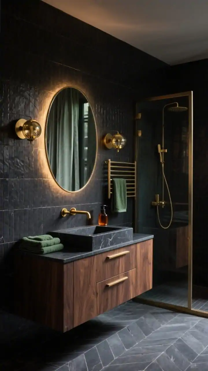 Photorealistic moody medium shot highlighting drama: deep charcoal textured wall tiles, warm walnut slim-profile vanity topped with a charcoal quartz slab, warm brass faucet, and a smoked glass shower panel replacing a curtain. Backlit oval mirror with cinematic glow flanked by brass globe sconces. Floor in herringbone slate-look porcelain. Brushed brass pulls on the vanity, a matching brass towel warmer, olive green towels neatly folded, and a dark amber glass soap pump. Low, atmospheric lighting with warm metallic reflections.