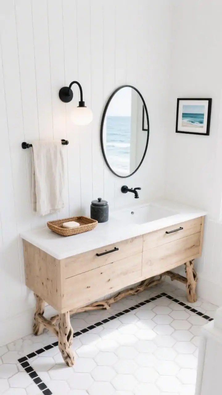Photorealistic overhead/detail hybrid, Coastal Clean with driftwood notes: white hex mosaic floor framed by a thin black border tile like a rug; base of a bleached oak “driftwood” vanity with simple black bar pulls and crisp white top; white vertical beadboard transitioning to smooth white wall; black gooseneck sconce casting a soft pool of light over an oval frameless mirror (mirror edge in frame); accessories: woven wood tray, black soapstone canister, airy linen curtain edge; small seascape in a thin black frame on the wall; bright, breezy coastal daylight.