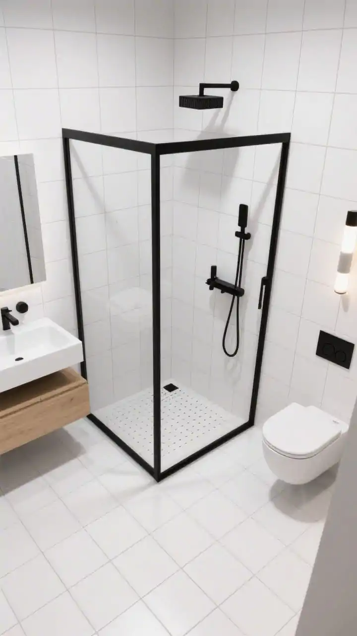 Photorealistic overhead/detail hybrid shot showcasing high-contrast minimalism: a perfect grid of small square white tiles with matching white grout spanning floor and shower walls, intersected by a bold matte black framed shower screen. Ultra-streamlined black fixtures and a square linear drain aligned with the grid. In view: a super-thin floating vanity, wall-hung toilet, and a cylindrical sconce casting soft, even light. Accents of soft oak. Clean, gallery-like mood, no people.