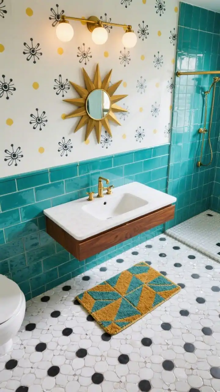 Photorealistic overhead detail shot focused on playful atomic motifs: white penny tile floor with charcoal grout, geometric bath mat adding a pop, nearby compact floating medium-walnut vanity edge; glimpse of a starburst brass mirror reflecting light; wall shows mid-century wallpaper with small-scale atomic shapes in charcoal and mustard, balanced by a fully tiled splash zone; triple-globe polished brass vanity light with sleek rods; glossy teal subway tile in running bond visible in the shower zone; bright, lively lighting.