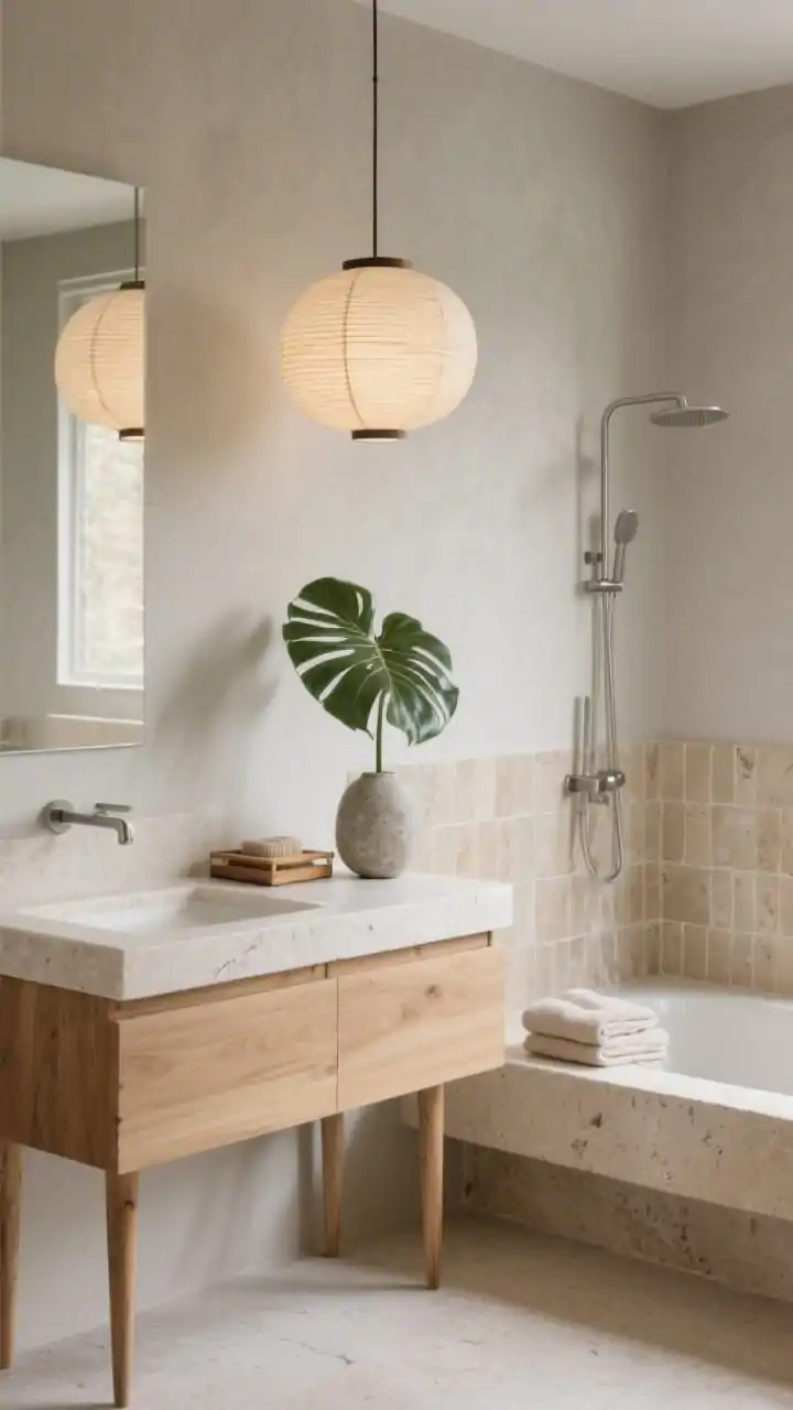 Photorealistic serene medium shot, slightly angled: Japandi-modern calm with a low-profile oak vanity on tapered legs, light limestone counter with gently radiused corners, soft greige walls, full-height beige zellige shower tile with handmade variation, a limestone waterfall-edge bench; brushed stainless fixtures slim and unfussy; rice-paper style globe pendant over the tub casting warm glow; styling includes a cedar bath caddy, a single Monstera leaf in a stone vase, and neatly folded cotton-linen towels; tranquil spa ambiance.