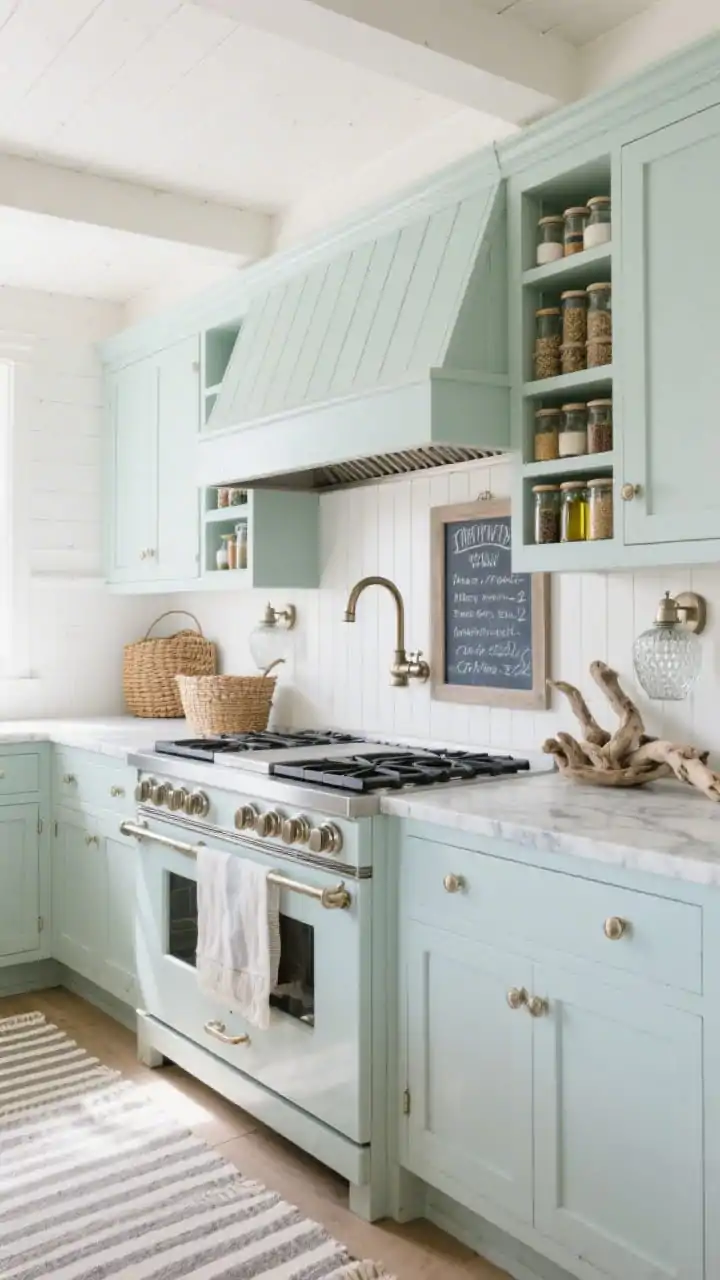 Photorealistic straight-on medium shot of a Coastal farmhouse range wall with seafoam shaker cabinets, honed marble counters, and whitewashed beams; a flush beadboard-style panel centered above the hood pulls down like a library desk to reveal tiered spice racks, oils, and a small chalkboard strip with handwritten weekly menu; gooseneck faucet, seeded-glass sconces, woven baskets, driftwood accents, and a striped runner present; palette of seafoam, cloud white, warm nickel; bright, breezy daylight.