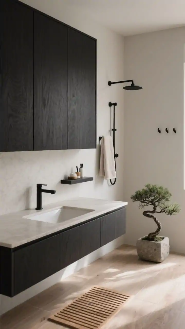Photorealistic straight-on medium shot of a Japandi calm bathroom: flat-front blackened ash cabinetry with a putty-colored quartz counter and thin-profile integrated sink with gentle radius corners. Walls in pale greige, floor in light oak-effect tiles. Matte black minimal fixtures, a single floating shelf holding only daily essentials, everything else concealed. A slatted wood shower mat on the floor, simple black hooks on the wall with one neatly hung towel, and a single bonsai (or snake plant) in a low stone pot as the sole accent. Clean, natural daylight with soft shadows.