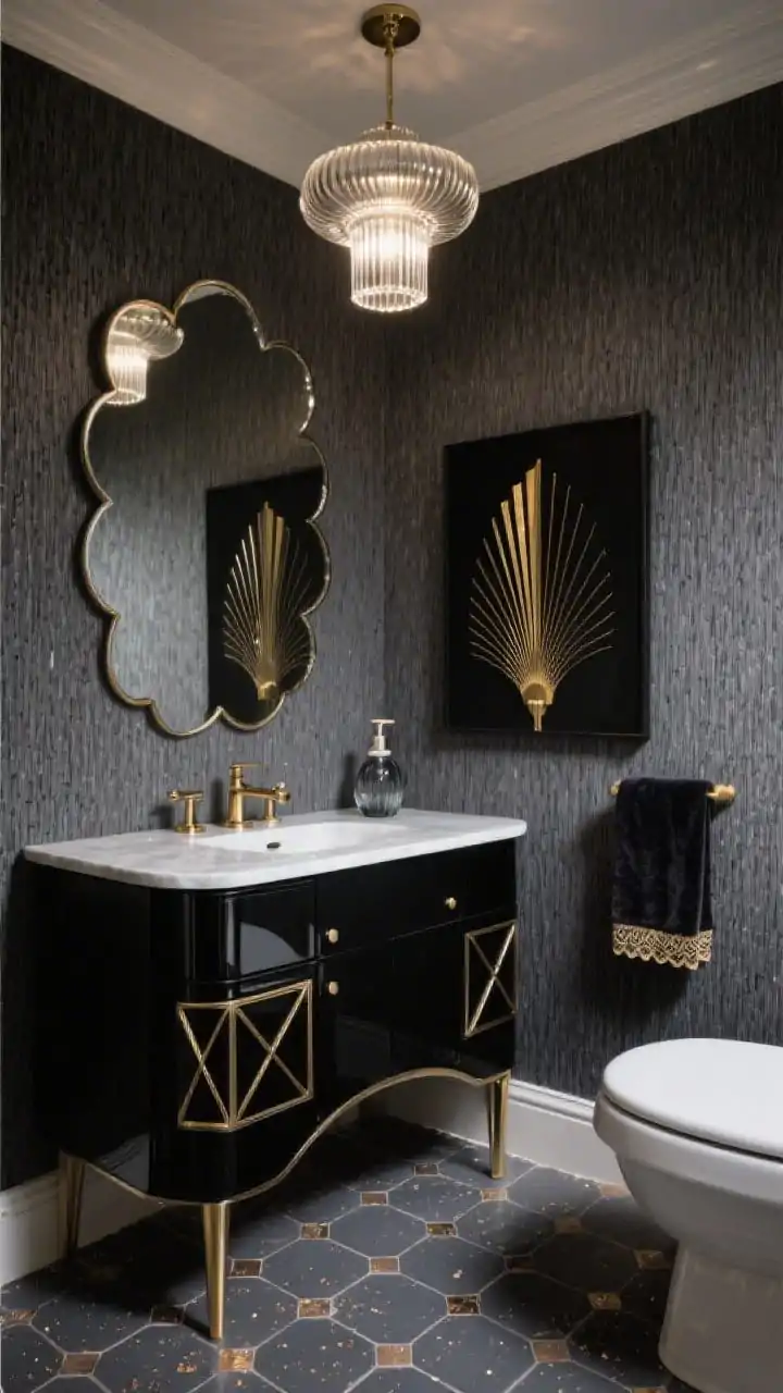 Photorealistic straight-on medium shot of a “Luxe Art Deco” powder room: charcoal grasscloth walls, a semi-gloss black lacquered vanity with curved corners, geometric brass hardware, and a ribbed glass pendant overhead emitting Deco glow. A fan-detail mirror with scalloped edges above the vanity, bold black-and-gold art on the wall. Deep gray hex tile floor with a subtle metallic fleck. Accessories include a smoked glass soap dispenser and a velvet-trimmed hand towel. Moody, glamorous lighting.