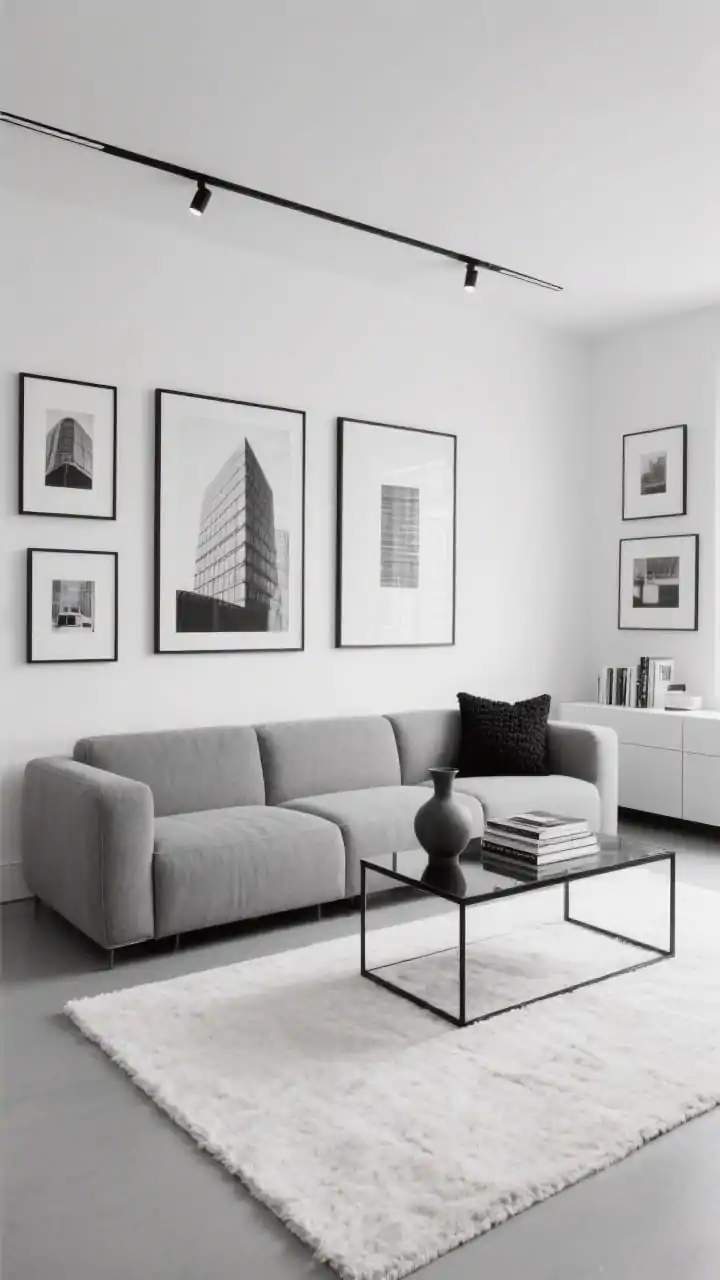 Photorealistic straight-on wide shot, Monochrome Minimalist Gallery: cool grey modular couch facing a black framed glass coffee table; solid ivory rug for contrast; extra-matte white walls; a precise black-and-white gallery wall with graphic prints, architectural photos, and one oversized piece for balance; minimal decor single sculptural vase and a tidy stack of art books; low-profile media console with handleless doors; slim track lighting spotlighting the art; one black boucle pillow for tactile contrast; clean, crisp, high-contrast lighting, no people.