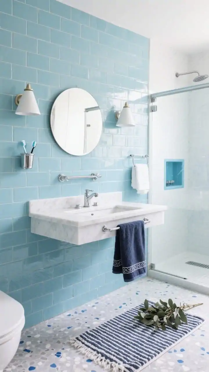 Photorealistic straight-on wide vanity wall shot with cool coastal vibe: powder-blue stacked tile backsplash running wall-to-wall, crisp white quartz counter, glossy white floating vanity, chrome faucet and towel bar, vintage-style chrome wall-mounted toothbrush holder, frameless round mirror, white enamel cone sconces; light gray terrazzo floor with blue and white chips; shower at side with clear glass, linear drain, and a blue niche with chrome trim; styled with navy Turkish towels, a striped bath rug, and a simple eucalyptus bundle; bright, clean daylight.