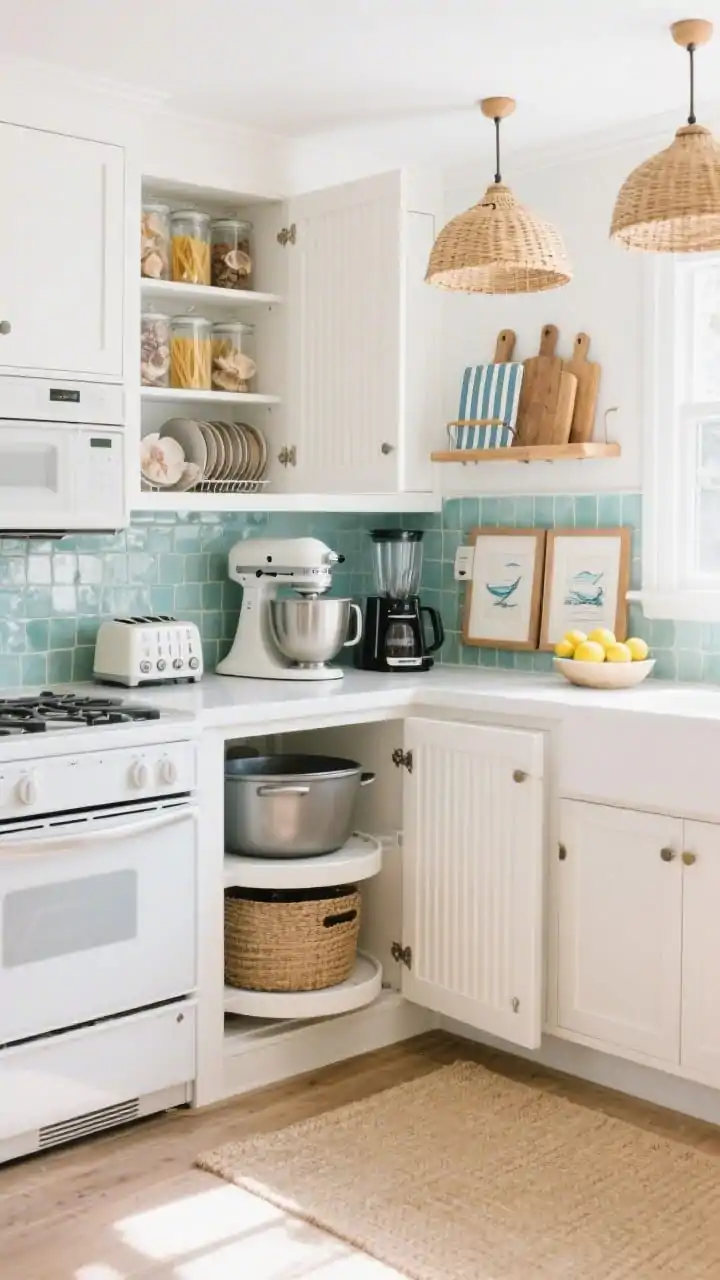 Photorealistic wide coastal kitchen: white shaker cabinets, sea-glass tile backsplash, rattan pendant lights, and a sandy beige accent rug. Feature an appliance garage with tambour doors half-open to hide a toaster, blender, and espresso machine, keeping counters clear. In the corner, a dual-tier carousel swings out a heavy stand mixer and Dutch oven; above the oven, vertical tray dividers organize cutting boards, baking sheets, and cooling racks. One open shelf shows glass canisters of pasta and shells, a striped runner, framed coastal sketches, and a bowl of lemons. Bright, breezy daylight, straight-on wide shot.