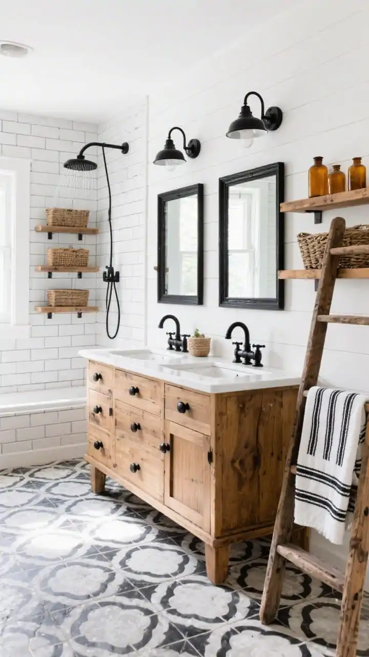 Photorealistic wide corner angle, Modern Farmhouse with graphic punch: bold black-and-white patterned cement tile floor; rustic oak shaker vanity with chunky black cup pulls; two black-framed mirrors and twin black barn lights above; walls in white shiplap halfway with smooth white paint above; shower featuring classic white subway tile with bold black grout lines; black bridge faucet and black rainhead; open wood shelves with baskets and amber apothecary bottles; Turkish towels with black stripes folded on a wooden ladder; bright, friendly daylight.