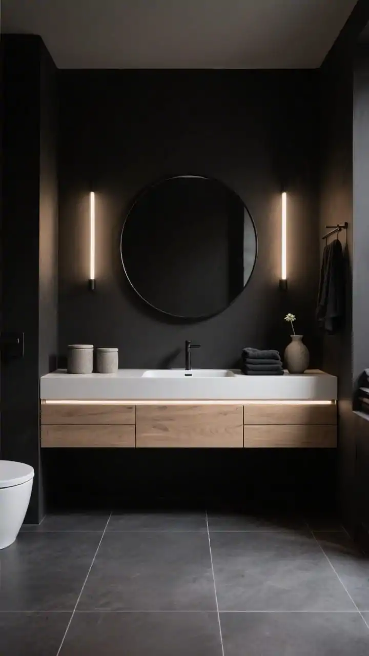 Photorealistic wide, minimalist “Scandinavian Noir” bathroom: soft off-black walls with warm undertones, a floating white oak vanity with handleless drawers topped by a thin-profile integrated sink. Lighting layers include a linear LED under the vanity for a subtle wash and slim vertical sconces flanking a round black-framed mirror. Floor in large matte soot-gray porcelain tiles with minimal grout lines. Accessories: stoneware canisters, neatly folded black cotton towels, and a single ceramic bud vase. Quiet, hushed, shadow-rich mood.