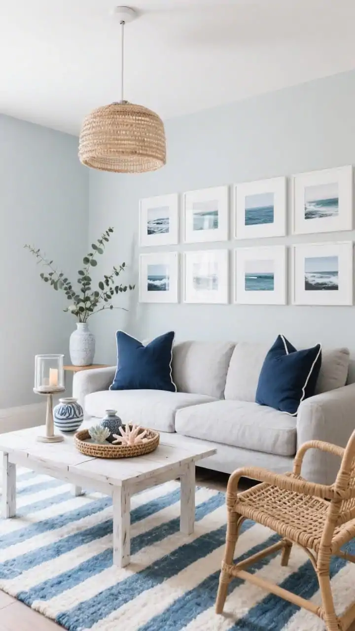 Photorealistic wide room shot, Coastal Calm With City Polish: light grey linen sofa on a striped blue-and-ivory rug; whitewashed wood coffee table and a rattan side chair; walls in soft sea salt/pale grey; gallery wall of ocean photography in white frames; navy pillows with thin piping on the sofa; accents on a woven tray with coral-inspired ceramics and a glass hurricane candle; tall vase with eucalyptus stems; woven pendant shade overhead providing gentle coastal light; airy, breezy feel, no people.