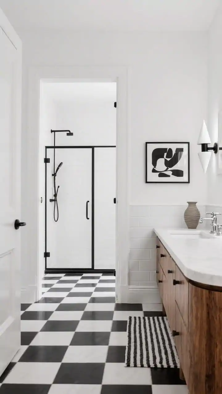 Photorealistic wide room shot from the doorway: high-contrast black-and-white small-scale checkerboard tile floor, white walls, oak vanity with rounded corners, expansive low-profile white counter running wall-to-wall and doubling as a styling ledge; polished chrome fixtures with cross handles, black-framed shower door; twin white enamel cone sconces with black trim; finishing touches include black-and-white abstract art, a striped bath mat, and a sculptural ceramic vase; crisp, balanced lighting.
