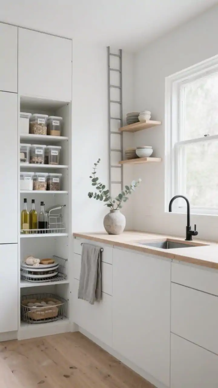 Photorealistic wide room shot of a serene Scandinavian kitchen: matte white, handleless cabinets, warm pale oak countertops, and soft gray accents in a light-filled space. A floor-to-ceiling seamless hidden pantry wall is slightly ajar to reveal well-lit shelves with clear labeled bins in minimalist fonts, a lazy Susan with baking supplies, metal racks for oils/vinegars, and a slim integrated ladder tucked into a narrow nook. Include floating open shelves near a window styled with curated ceramics and everyday bowls, a single eucalyptus stem in a stone vase, linen tea towels, and a matte black faucet. Natural daylight, clean lines, calm atmosphere, straight-on perspective.