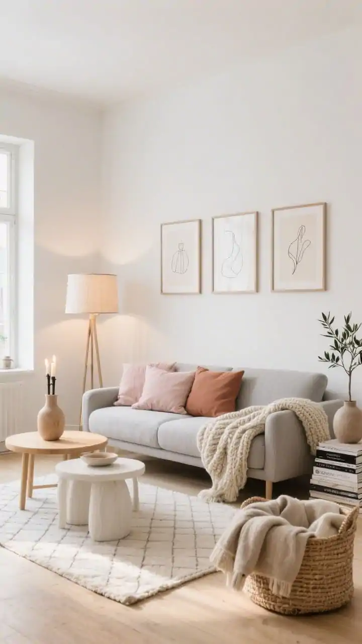 Photorealistic wide room shot, Soft Scandinavian Warmth: a modern apartment living room with a low-slung dove-grey couch layered with chunky knit throws and linen pillows in oatmeal, blush, and clay; a light wool rug with a subtle diamond weave; a blonde wood coffee table with rounded edges and a nesting side table in white oak; warm white walls with a trio of minimalist line-drawing prints in thin oak frames; a linen drum floor lamp casting soft glow and two candles flickering; decor includes ceramic vases, a tiny olive tree, and a stack of design books; a woven basket filled with throws; natural morning light, relaxed cozy mood, no people.