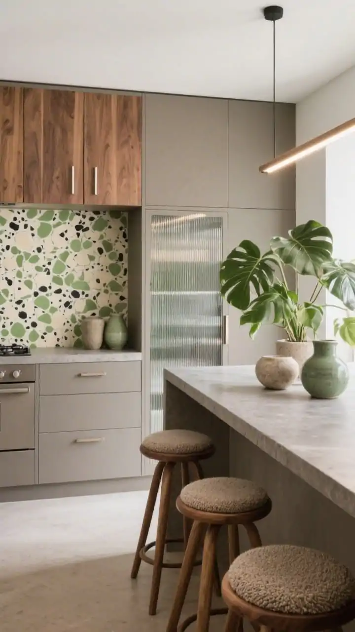Photorealistic wide shot, contemporary organic kitchen: taupe-washed walnut cabinets with brushed nickel tab pulls, joyful avocado terrazzo backsplash with cream and charcoal chips, warm gray microcement counters, ribbed-glass pantry door diffusing light, large leafy plant adding texture, linear LED over the island, curved oak stools with boucle seats, stoneware accessories in moss and putty tones; gentle, even daylight emphasizing natural materials.