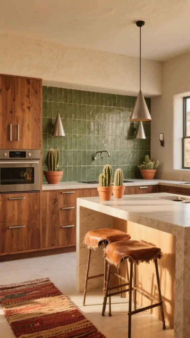 Photorealistic wide shot, desert modern kitchen: caramel-stained maple cabinets with brushed stainless pulls, large-format moss-green concrete tiles in a matte grid as backsplash, sand-colored quartz counters, cone sconces in brushed steel flanking the tile wall, terracotta planters with cacti on the counter, sling leather island stools with raw edges, flatweave rug in rust and camel tones; warm golden-hour sunlight washing the space.