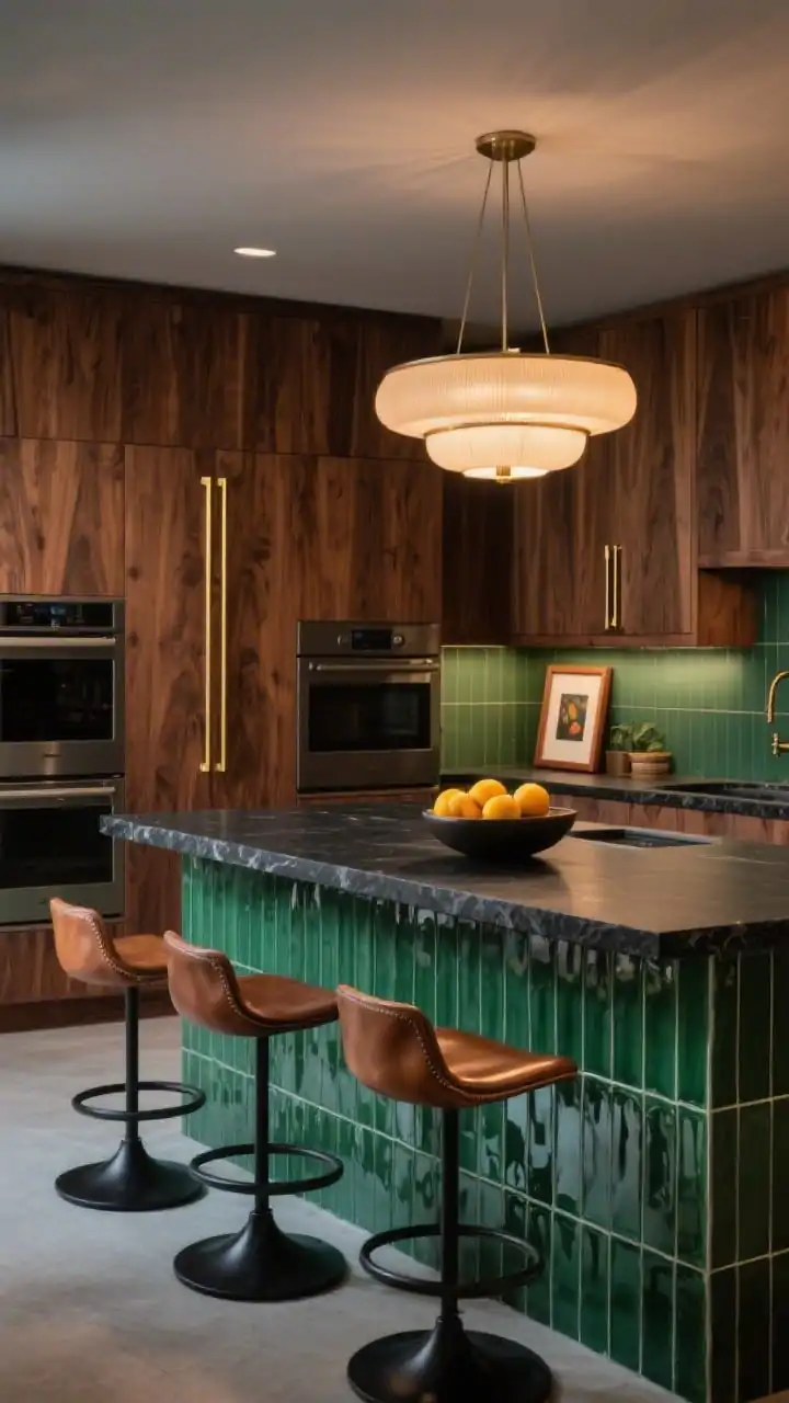 Photorealistic wide shot, luxe mid-century kitchen: seamless walnut slab cabinets with thin brushed brass channel pulls, vertical stacked emerald green kit-kat tiles in glossy finish, black soapstone counters, panel-ready appliances blending into the walnut wall, sculptural mid-century chandelier centered, leather saddle-seat bar stools with black base, low bowl of citrus and a walnut-framed art print; moody evening lighting with gentle reflections on tile.