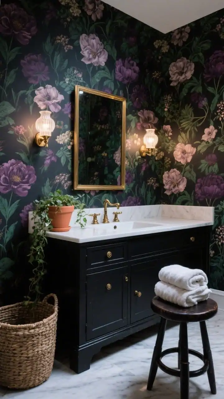 Photorealistic wide shot of a “Moody Botanical” bathroom wrapped in inky floral wallpaper with large blooms in plum, deep green, and midnight tones. A painted black vanity cabinet with a white porcelain sink pops against the pattern. Antique brass hardware and a framed rectangle mirror in matching brass. Milk-glass sconces on either side provide soft, flattering light. Add a terra-cotta pot with trailing ivy on the counter and a woven hamper nearby; a dark-stained stool stacked with hand towels. Enveloped, secret-garden-after-dusk mood.