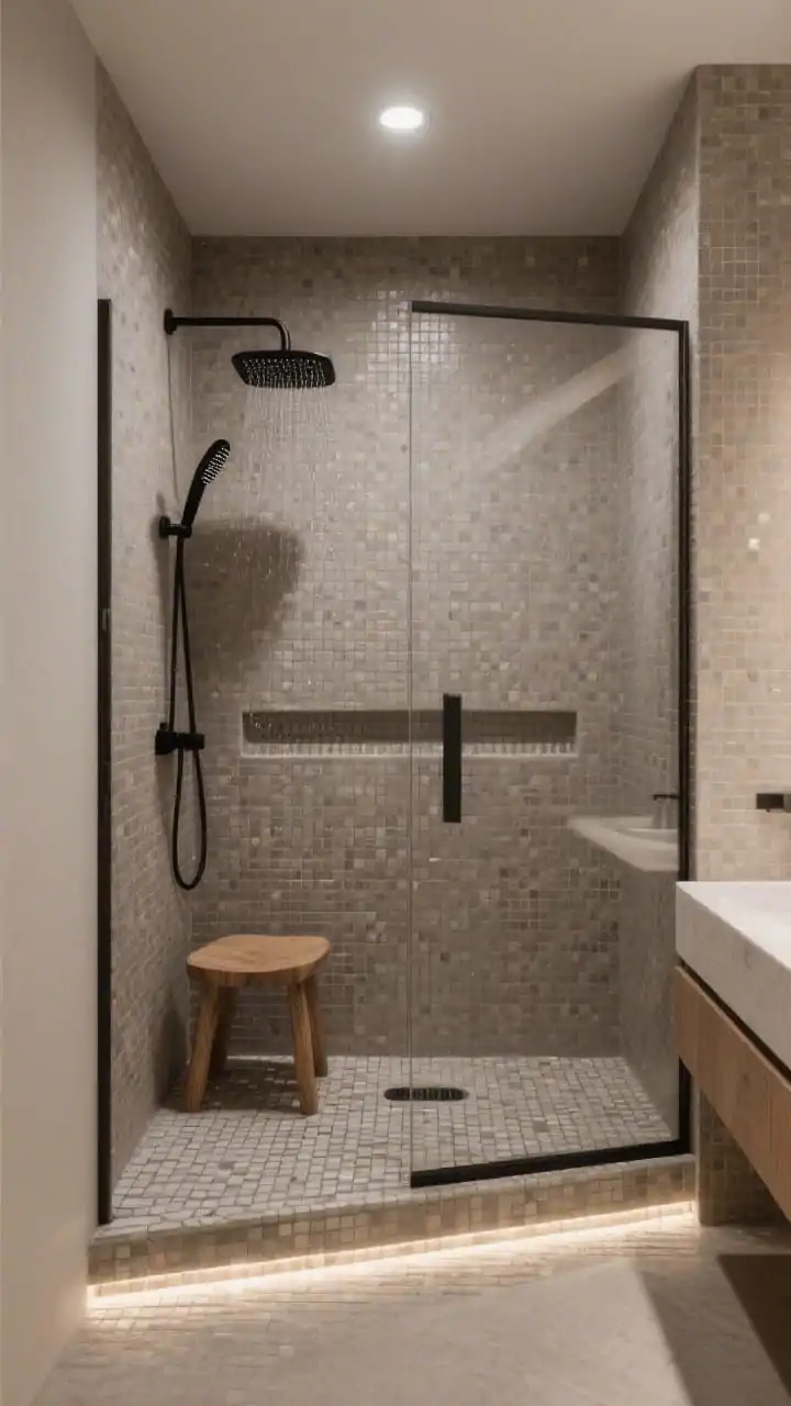 Photorealistic wide shot of a curbless, walk-in shower in a small bathroom: floor-to-ceiling warm gray micro-mosaic tile wrapping the floor and walls in a seamless texture, a single frameless glass pane, a linear drain disappearing along the back wall, matte black rain shower head above, slim teak shower stool on the mosaic floor. Lighting: recessed LED spot centered above the shower plus a soft toe-kick LED strip glow under a nearby vanity. Include heated floor continuity into the shower zone. Mood: serene spa, minimal decor, no people.