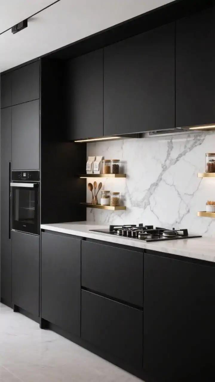 Photorealistic wide shot of a Minimalist black kitchen featuring super-matte black cabinets with integrated pulls and a monolithic white-veined marble backsplash; the stone panel behind the cooktop is slid aside to reveal a shallow cavity with slim satin-brass shelves holding spice jars, tasting spoons, and sachets; panel-ready appliances concealed; knife-edge LEDs under shelves provide precise light; palette of black, white stone, satin brass; composed straight-on view emphasizing the now-you-see-it reveal.