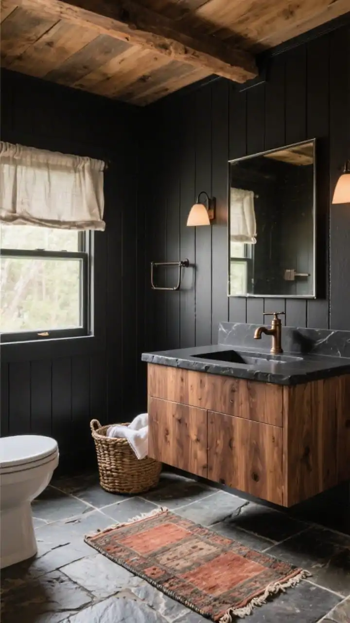 Photorealistic wide shot of a “Modern Cabin” bathroom wrapped in matte black shiplap (visible vertical grooves), a natural walnut wood vanity with a thin black stone top, oil-rubbed bronze fixtures, and a rectangular metal-framed mirror. Floor in tumbled slate tiles with a soft, worn-in texture. A linen café curtain filters daylight at a small window; a woven basket with towels tucked under the vanity, and a vintage-style rug with faded rust tones grounding the space. Rustic yet refined lighting, warm and soft.