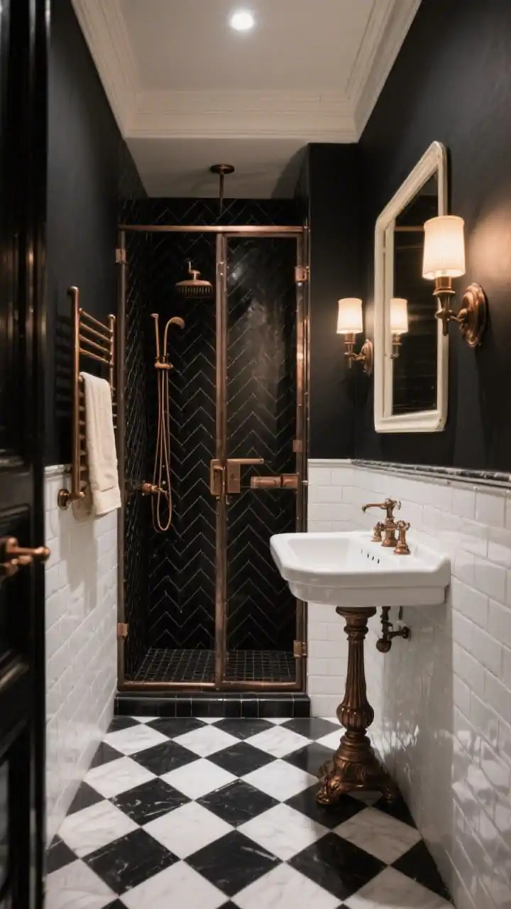Photorealistic wide shot of a Parisian noir small bathroom: black-and-white checkerboard floor laid on the diagonal expanding the space, glossy white subway tiles in a tight herringbone pattern inside the shower, and a bronze-finished shower grid evoking a steel-door look. Include a petite pedestal sink, an antique-style mirror concealing a recessed medicine cabinet, and trimmed sconces flanking it. Aged bronze accents, whisper of cream in textiles. Add a wall-mounted towel warmer in bronze. Warm café-chic lighting, no people.