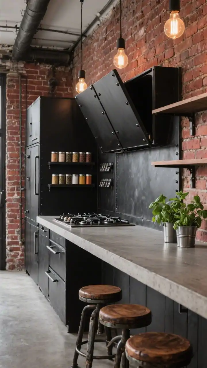 Photorealistic wide shot of an Industrial loft galley kitchen with exposed brick, black steel shelving, and concrete counters; a matte-black steel backsplash over the cooktop swings open on a pivot to reveal a recessed cavity with magnetic spice tins and slim shelves; blackened steel pulls with visible rivets on nearby cabinets; Edison pendants cast warm light; vintage bar stools and potted basil in metal cups add grit; palette of charcoal, brick red, warm concrete, and oiled walnut; shot straight-on to emphasize the steel panel reveal.