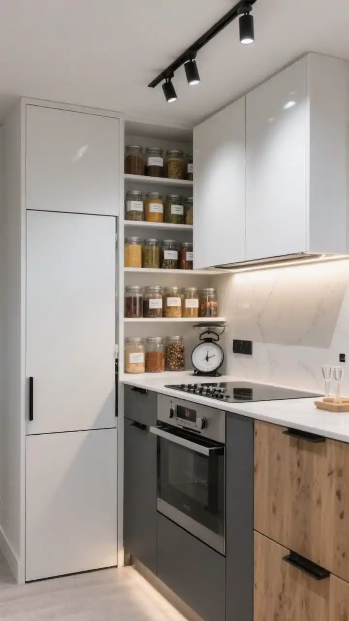 Photorealistic wide shot of an Urban micro-kitchen showcasing a thin, full-height cabinet opposite the cooktop with pocket doors slid back to reveal a floor-to-ceiling spice and dry-goods wall: shallow shelves of labeled jars, a built-in scale, and a fold-out tasting ledge; glossy white uppers, matte graphite lowers, ash wood accents, and a narrow waterfall-edge peninsula; slimline black pulls and soft-close details; track spots and under-shelf LEDs illuminate; clean, compact, efficient vibe shot from a slight corner perspective.