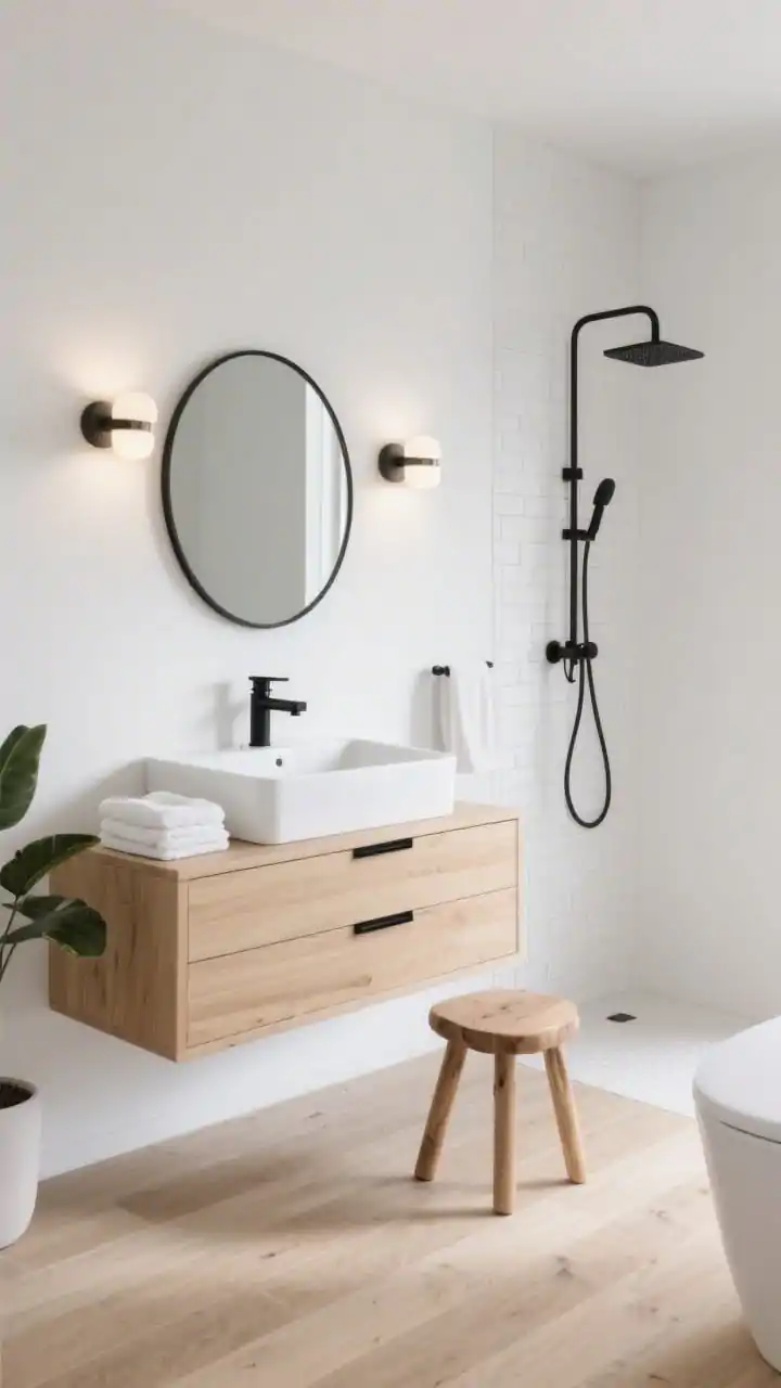 Photorealistic wide shot, Scandinavian Spa Retreat bathroom: matte white walls, warm oak floating vanity with flat-front drawers and slim black pulls, bright white integrated sink; pale wood-look porcelain planks laid lengthwise; white subway tile shower stacked vertically; round black-framed mirror with soft, diffuse sconces on both sides; brushed matte black faucet and shower set; accents include a low wood stool, neatly folded white towels, and one leafy plant; airy, bright lighting with gentle shadowing, calm spa mood.