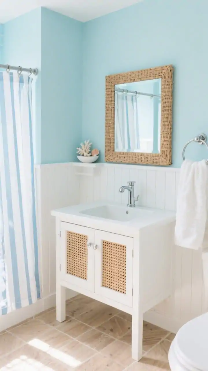 Photorealistic wide shot, slight overhead corner angle of a coastal micro-retreat washroom: upper walls in delicate powder blue, lower half in white vertical beadboard to elongate height. Pale sand-tone wood-look tile floors. Petite white vanity with cane-front doors, slim polished chrome faucet. White rattan-framed mirror above. Shower curtain with thin blue-and-white vertical stripes to elongate the room. Chrome robe hooks in place of bars, a small bowl of shells or coral on a narrow wall shelf. Fluffy white towels. Airy, sunlit brightness with soft coastal mood.