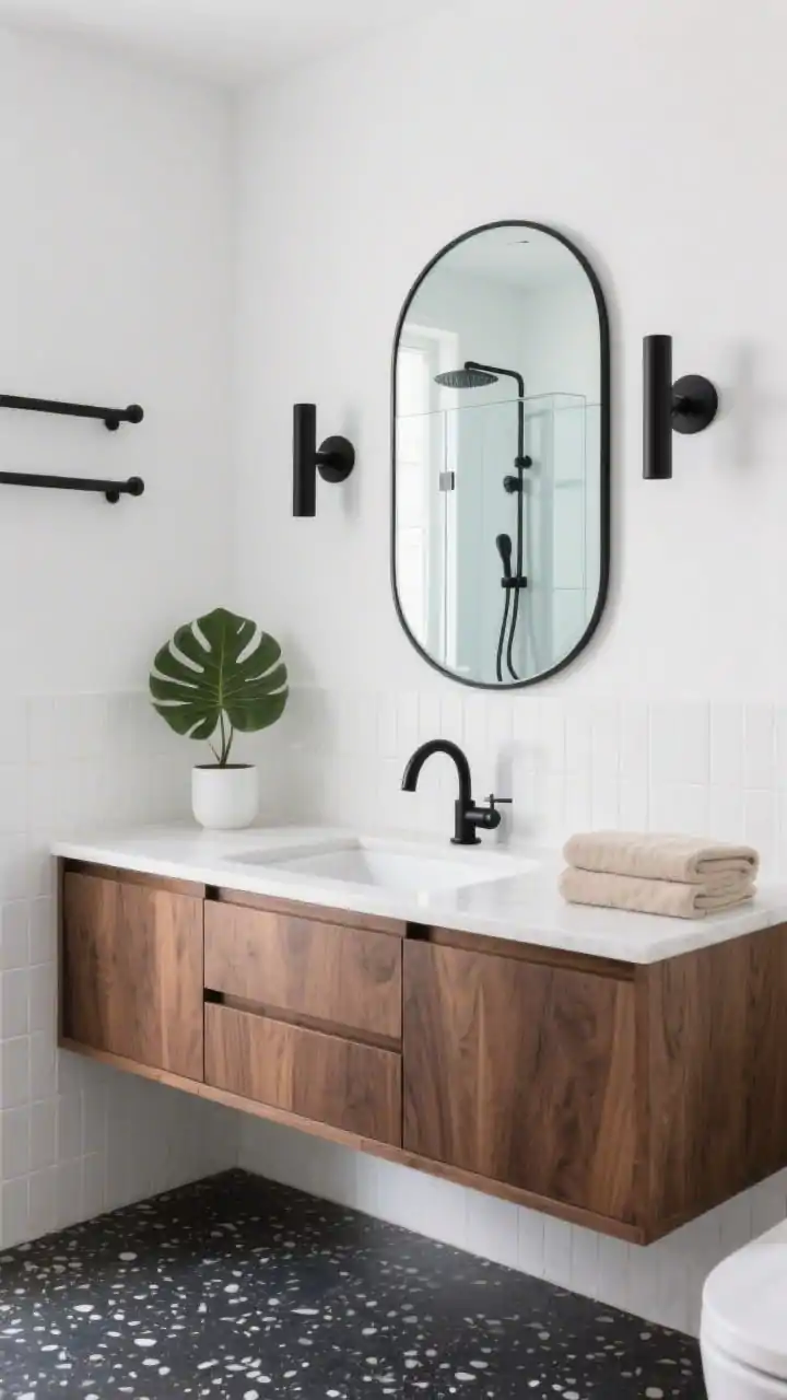 Photorealistic wide shot, straight-on view of a minimalist mid-century modern bathroom: floating walnut vanity with flat-front drawers, thin white quartz countertop, rectangular vessel sink, matte black arched faucet, pill-shaped mirror with slim black frame, linear black sconces, crisp white walls, charcoal terrazzo floor, glossy white stacked subway tile laid vertically as a backsplash, frameless glass shower with black hand-held sprayer and matching black shelf brackets; styled with cylindrical black hardware, a single fiddle-leaf fig in a white planter, and neatly folded beige towels; bright, even daylight for a serene spa mood.