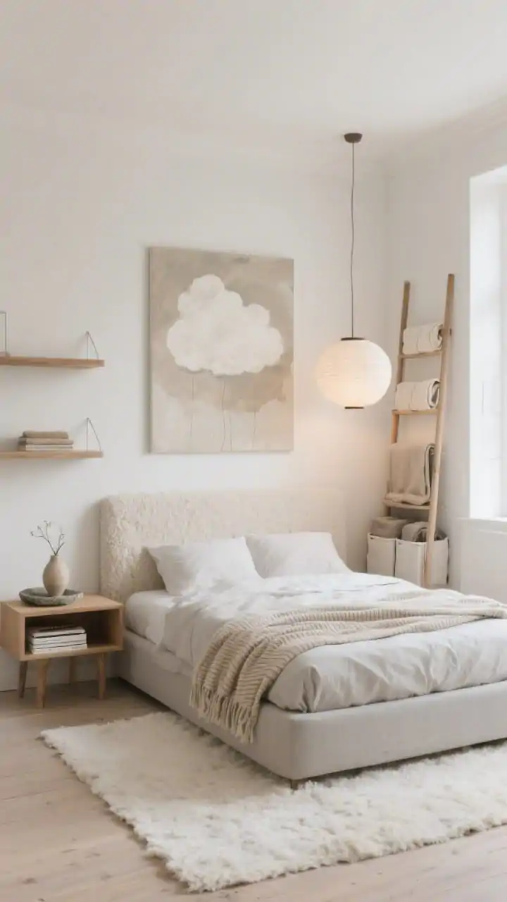 Photorealistic wide shot, straight-on view of a small “Nordic Cloud” bedroom in warm whites, oatmeal, and pale gray: low-profile platform bed with a bouclé headboard, flax linen duvet, ribbed throw, and plush off-white rug; floating oak night shelves instead of bulky tables; a slim paper lantern pendant drifting over one side casting a soft, diffused glow; narrow ladder rack with folded blankets, canvas under-bed bins slightly visible; one oversized cloudlike abstract artwork in muted tones above the bed; minimal touchable decor a ceramic bud vase, small stone tray, and a tidy book stack; calm, airy atmosphere with soft natural light.