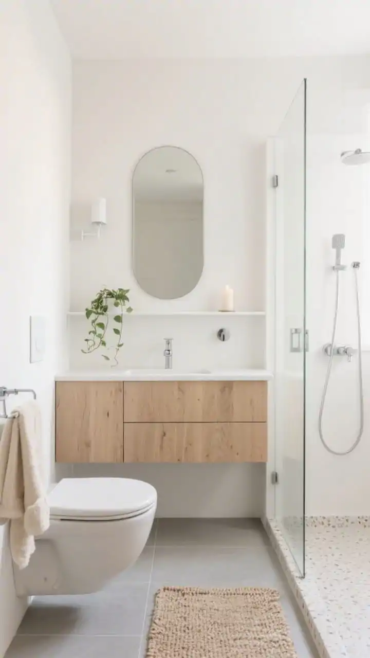 Photorealistic wide shot, straight-on view of a tiny Scandinavian washroom that feels airy: warm soft-white oat-milk painted walls, large-format light gray porcelain floor tiles, a floating oak vanity with clean slab fronts, a tall frameless oval mirror, and a slim matte white sconce casting daylight-like wash. Include a single white metal ledge shelf over the toilet holding one trailing plant and a candle. Clear frameless glass shower panel with a pale terrazzo base. Brushed nickel hardware. Nubby cream towels and a woven cotton bath mat in sand. Bright, diffuse natural light, zero clutter, minimalist styling.