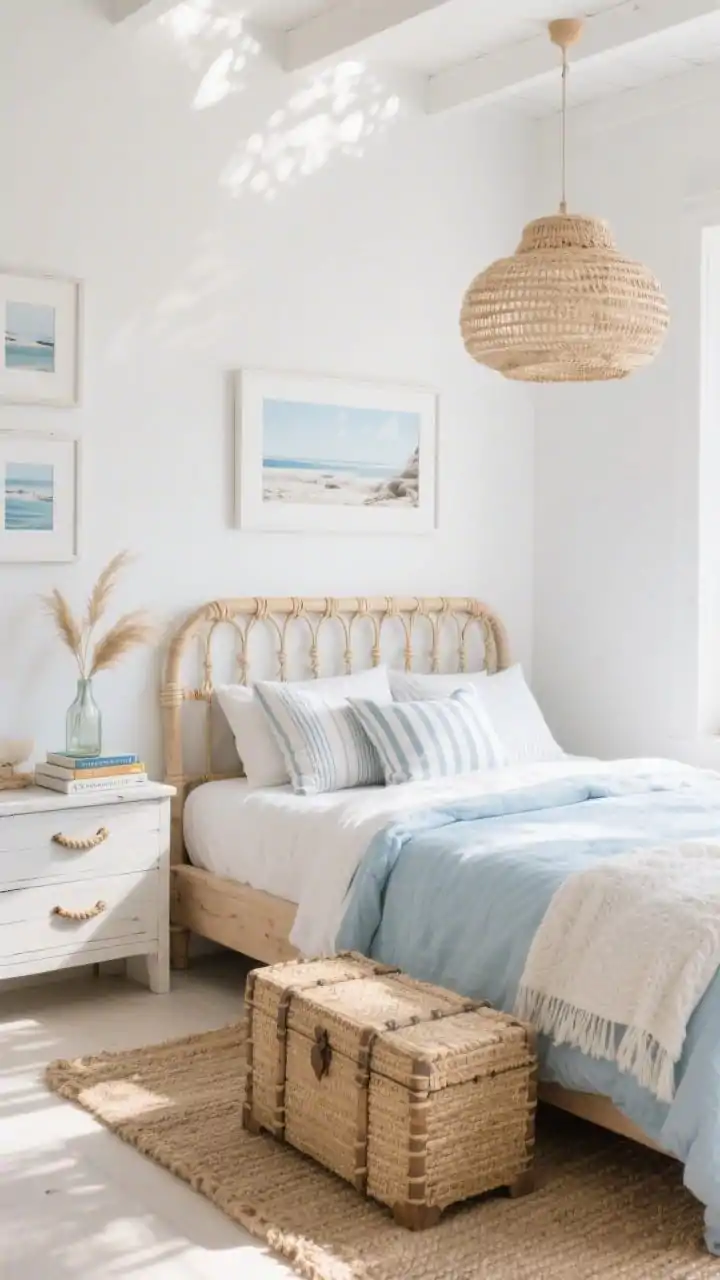Photorealistic wide shot, sunlit corner angle of a “Sunwashed Coastal” bedroom: soft white walls, pale sky-blue duvet on a light wood bed with a rattan headboard; palette of white, driftwood, sand, and sun-faded blue; seagrass trunk at the foot doubling as storage; woven pendant overhead casting playful shadows; striped linen pillows, cotton matelassé coverlet, and a jute runner rug; whitewashed frames with coastal photography on the wall; narrow dresser with rope handles; a glass bottle with dried grasses and a small stack of beach novels; breezy, airy atmosphere.