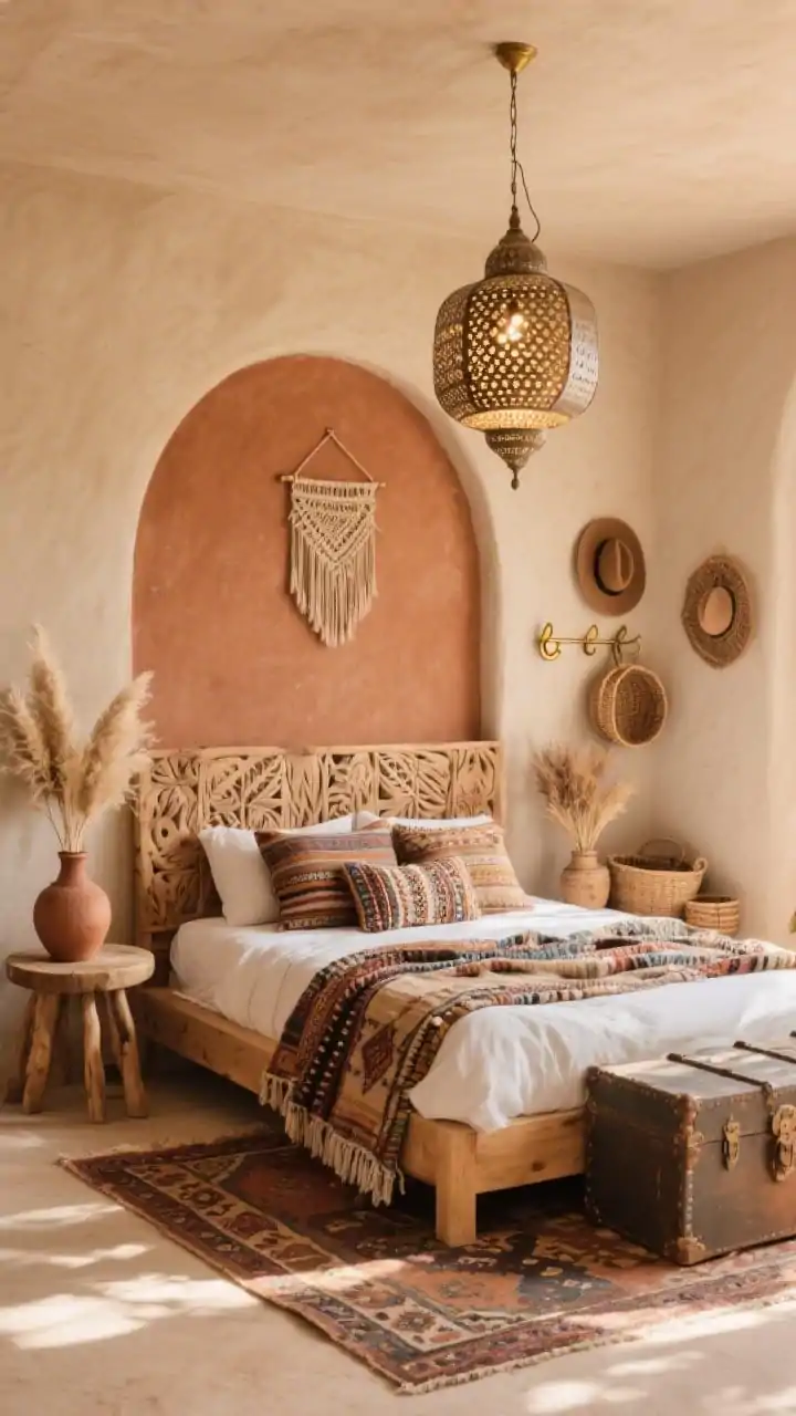 Photorealistic wide shot, warm late-afternoon light of a “Desert Boho Retreat” bedroom: clay-colored accent wall with surrounding sandy beige walls; textile-wrapped or carved wood headboard on a light wood bed; Moroccan-style rug layered beneath; kantha and mudcloth pillows stacked with a handwoven throw draped at the end; beaded chandelier (or perforated metal lantern) casting patterned glow; round wood stool as a nightstand with clay pots; vintage trunk for storage; dried pampas in vases and a woven wall hanging adding height; brass hooks with hats and a trio of baskets for catchall storage; sunbaked, relaxed, collected feel.
