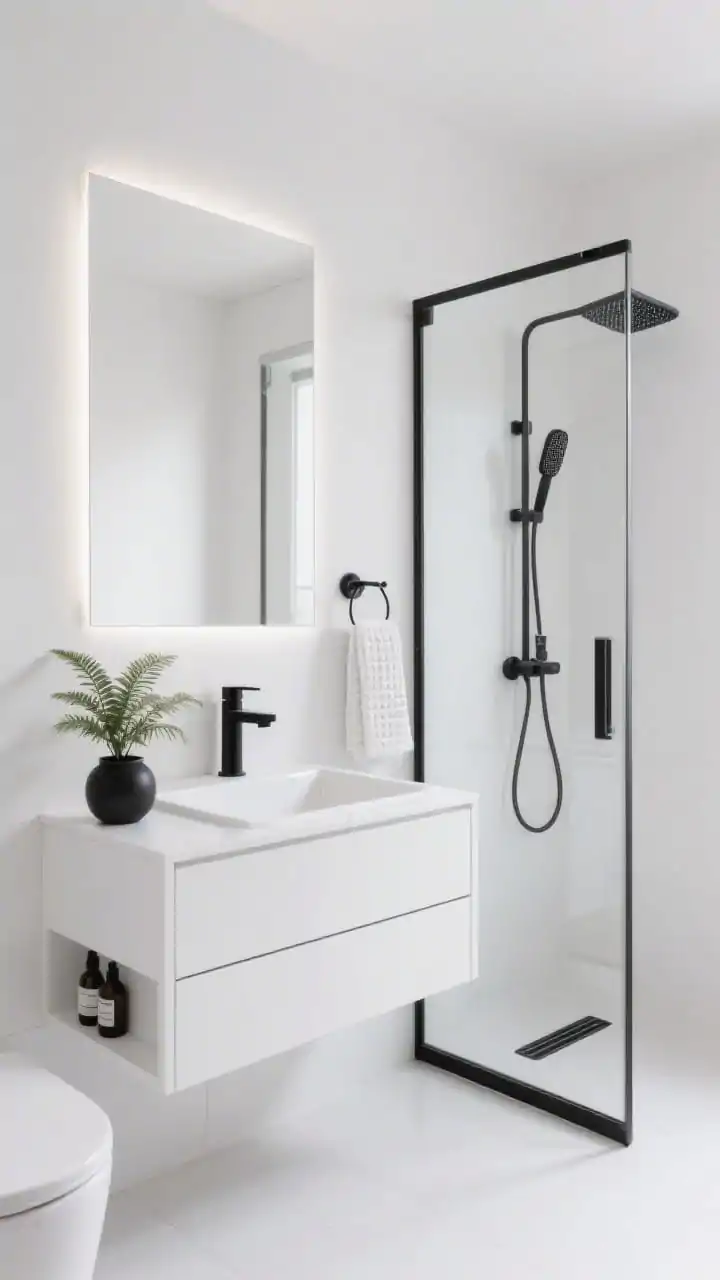 Photorealistic wide, straight-on shot of a monochrome minimalist apartment bathroom: crisp white walls, floating white vanity with handleless drawers and a rectangular white vessel sink, matte black faucet and matte black rain shower head visible through a frameless glass shower with a black linear drain. Large-format white porcelain floor tiles with minimal grout lines. A large rimless mirror with a thin LED backlight casting a soft glow, black towel hooks holding a white waffle towel, a small fern in a black ceramic pot on the vanity, and a shower niche for bottles. High-contrast, clean, bright lighting.