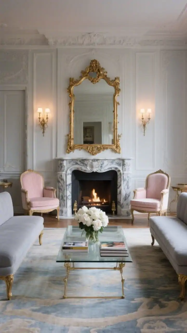 Straight-on, formal salon scene with a marble fireplace featuring an ornate profile, crowned by a grand gilded mirror; two slim bench-seat sofas in soft dove gray face each other across a smoky glass coffee table, leaving a walkway behind the sofa nearest the fire; antique-style sconces flank the mantel; a pair of Louis-style armchairs in pale blush velvet at either end of the seating arrangement; a muted French rug in pale blues and creams underfoot; styled with a bouquet of white peonies and stacked art books; palette of dove gray, blush, cream, pale blue, gilt; elegant, Parisian, photorealistic with soft evening glimmer.