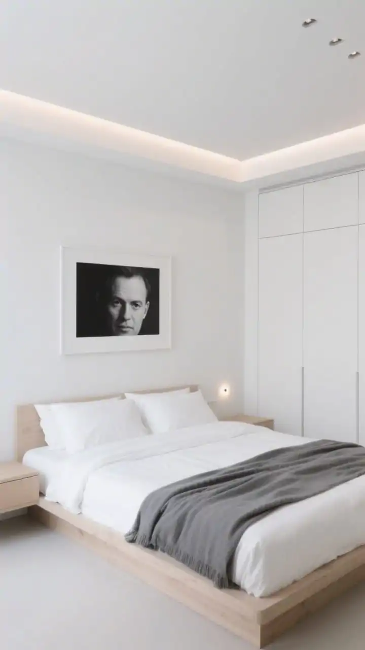 Straight-on medium shot, minimalist bedroom with a floating gypsum ceiling panel dropping a few inches to create a crisp shadow gap, continuous knife-edge LEDs around the perimeter; white-on-white walls; pale ash bed frame with low-profile headboard; one oversized black-and-white photograph above the bed; pure white percale sheets with a graphite throw; handleless built-in storage with flat fronts; tiny recessed pin spots near the wardrobe; airy, gallery-inspired, softly lit.