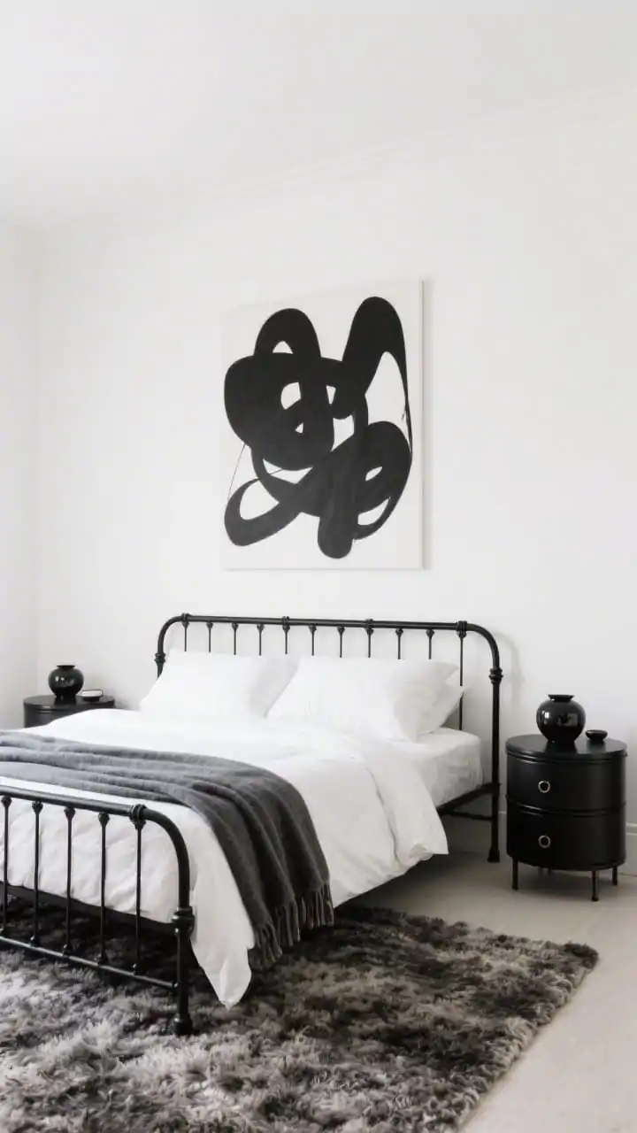 Straight-on medium shot, Monochrome Muse: warm white painted walls, matte black metal bed frame, matching black drum bedside tables; crisp white percale sheets with a graphite throw folded at the end; single oversized black-and-white abstract artwork centered above the bed; nubby wool rug softening the high-contrast palette; matte black hardware with a few glossy ceramic accents on the nightstand; clean lines, gallery-calm mood, photorealistic.