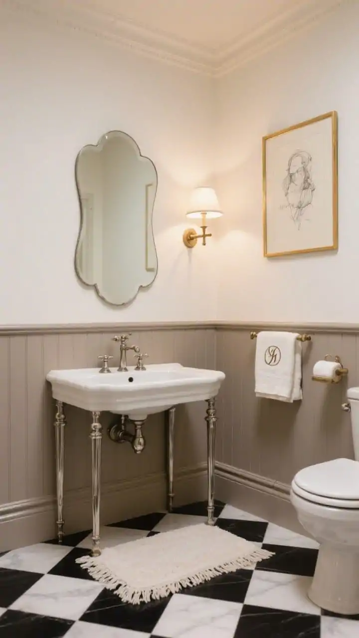 Straight-on medium shot of a Parisian-inspired petite bathroom: half-height panel molding painted soft taupe with creamy white upper walls; tight black-and-cream checkerboard floor; slim console sink with exposed polished nickel legs; scalloped-edge mirror; delicate cross-handle faucet; petite linen-shaded sconce casting warm romantic light; monogrammed hand towels and a petite fringe bath mat; gold-framed sketch leaning above the toilet against the molding; timeless, elegant ambiance, photorealistic.