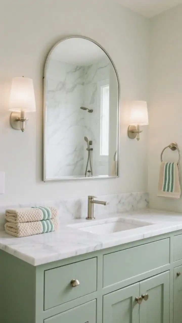 Straight-on medium shot of a sage-and-stone modern classic: muted sage Shaker-style vanity with polished nickel hardware, calacatta-look quartz countertop, arched mirror with a thin nickel frame, opal glass sconces flanking the mirror for diffuse brightness, large-format stone-look porcelain shower tile with subtle veining in the background, oatmeal waffle towels and sage stripe hand towels neatly arranged; crisp, soothing ambiance.
