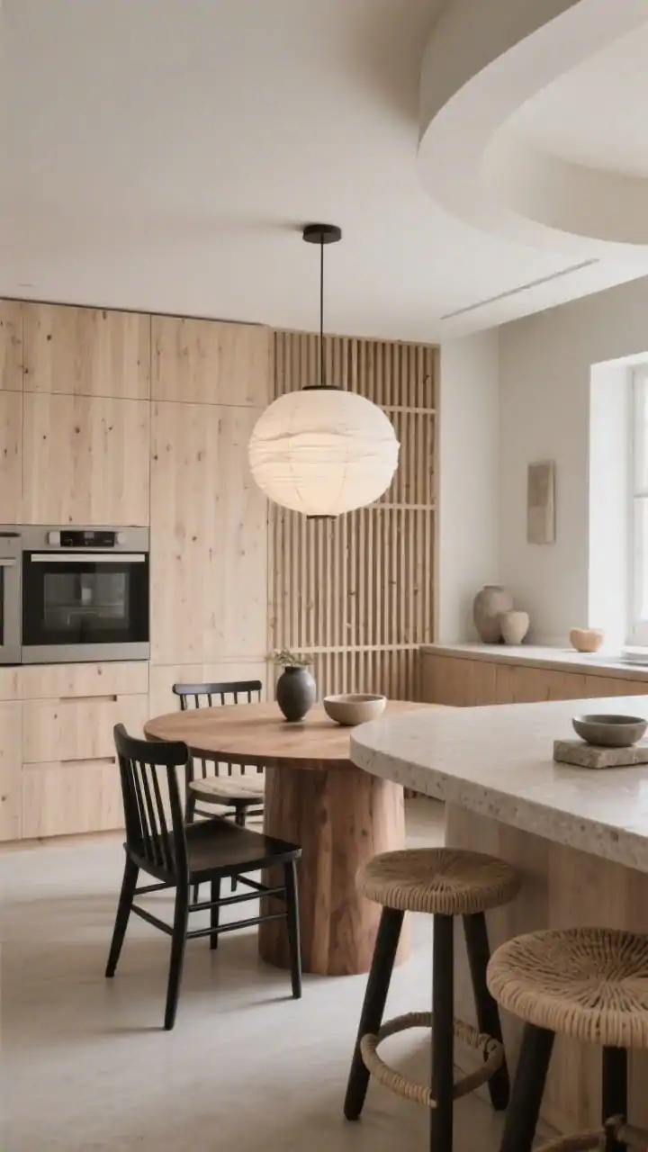 Straight-on medium shot of Japandi calm dining-kitchen transition: pale ash wood, handle-free cabinetry with a grounded taupe limestone counter; curved-edge island with papercord barstools; dining area with a rounded oak table, spindle-backed black-stained chairs; low-profile paper lantern pendant casting diffused, cloudlike glow; slatted wood wall panel as subtle art and acoustic buffer; repeated soft curves in island corners, pendant, and chair backs; textures of papercord, rough ceramic, and matte stone visible on tabletop decor; palette of ash, stone, ink, clay; serene, balanced, no people, photorealistic.