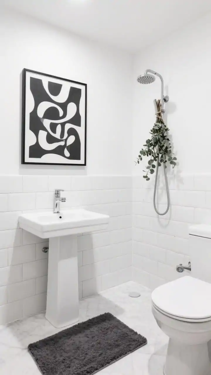 Straight-on medium shot, photorealistic: A gallery-white small bathroom featuring oversized matte white rectangular subway tiles in a stacked pattern for minimal grout lines. Include chrome fixtures, a narrow pedestal sink, and a slim-profile toilet to free floor area. On the wall, a bold black-and-white abstract print; on the floor, a soft charcoal bath mat. A fresh eucalyptus bundle draped over the shower head. Bright, even lighting to enhance the crisp, expansive feel, no people.